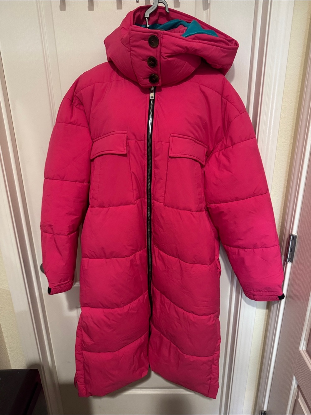 Long Women's Hooded Puffer Coat in Bright Pink